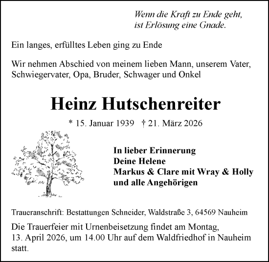 Traueranzeige von Heinz Hutschenreiter von Rüsselsheimer Echo