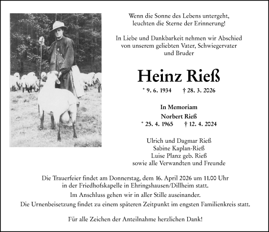 Traueranzeige von Heinz Rieß von Wetzlarer Neue Zeitung