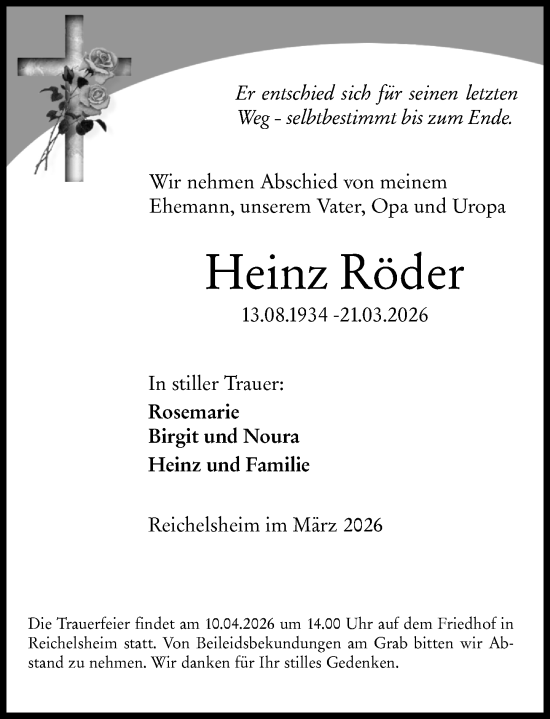 Traueranzeige von Heinz Röder von Odenwälder Echo