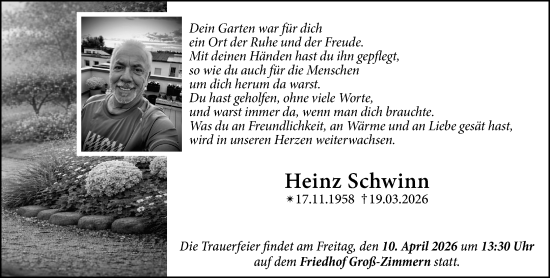 Traueranzeige von Heinz Schwinn von Dieburger Anzeiger/Groß-Zimmerner Lokal-Anzeiger