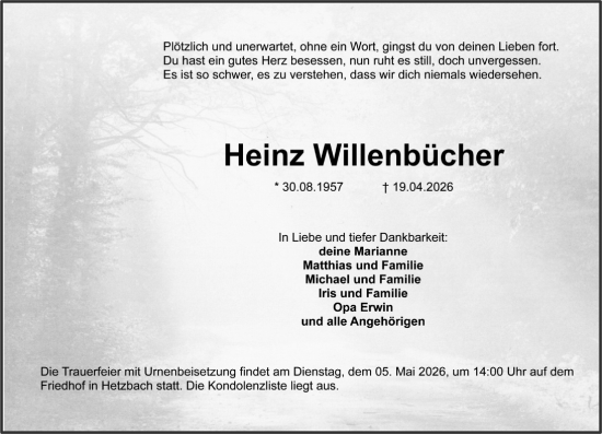 Traueranzeige von Heinz Willenbücher von Odenwälder Echo