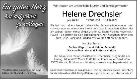 Traueranzeige von Helene Drechsler von Wetzlarer Neue Zeitung