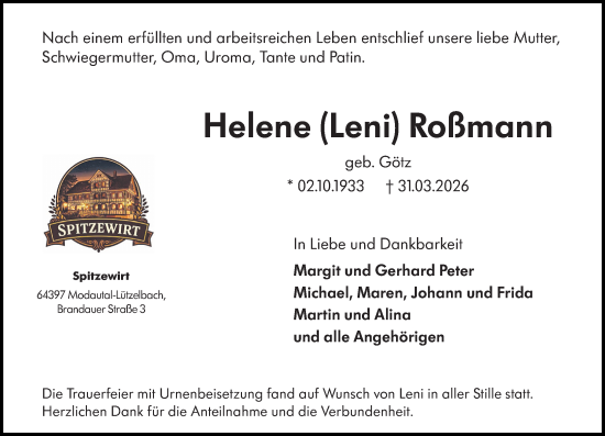 Traueranzeige von Helene Roßmann von Bergsträßer Anzeiger
