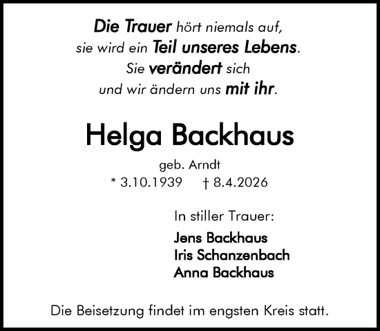 Traueranzeige von Helga Backhaus von Darmstädter Echo