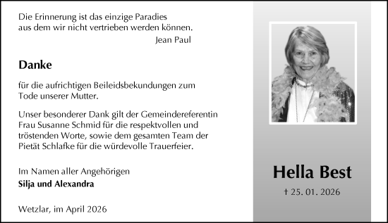 Traueranzeige von Hella Best von Wetzlarer Neue Zeitung