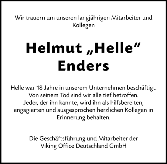 Traueranzeige von Helmut Enders von Dieburger Anzeiger/Groß-Zimmerner Lokal-Anzeiger