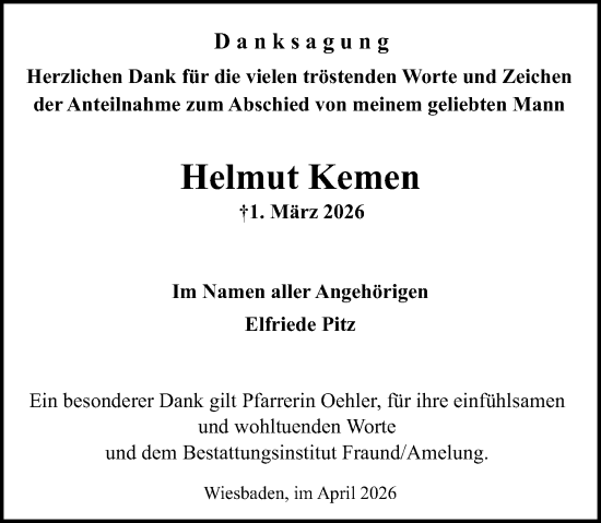 Traueranzeige von Helmut Kemen von Wiesbadener Kurier