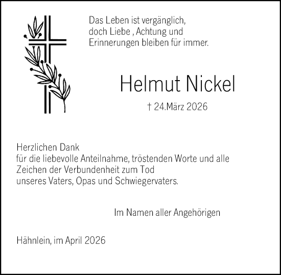 Traueranzeige von Helmut Nickel von Darmstädter Echo