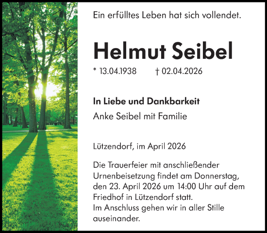 Traueranzeige von Helmut Seibel von Weilburger Tageblatt