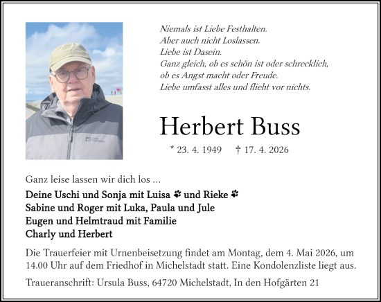 Traueranzeige von Herbert Buss von Odenwälder Echo