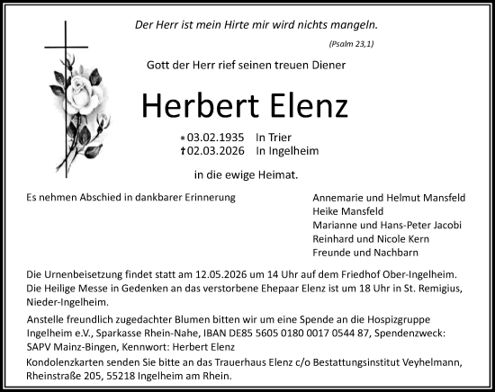 Traueranzeige von Herbert Elenz von Allgemeine Zeitung Rheinhessen-Nahe