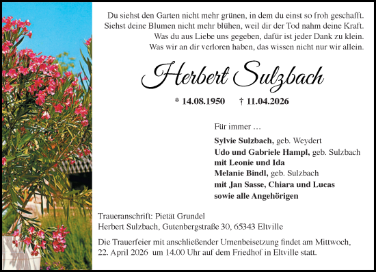 Traueranzeige von Herbert Sulzbach von Rheingau Kurier