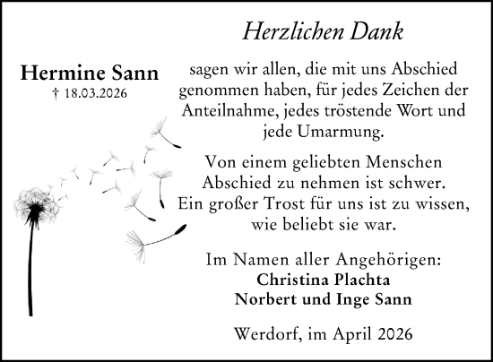 Traueranzeige von Hermine Sann von Wetzlarer Neue Zeitung
