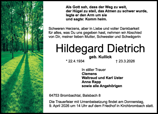 Traueranzeige von Hildegard Dietrich von Odenwälder Echo