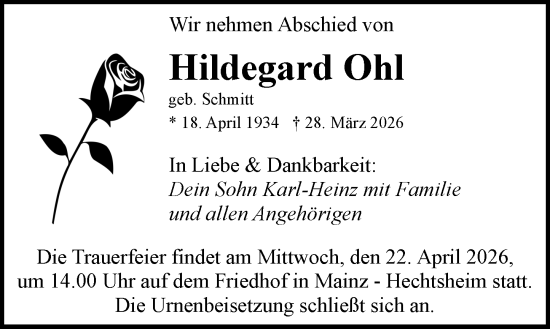Traueranzeige von Hildegard Ohl von Allgemeine Zeitung Mainz