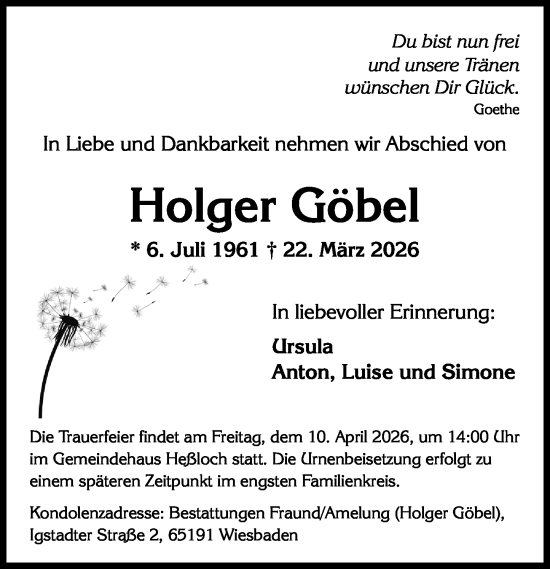 Traueranzeige von Holger Göbel von Wiesbadener Kurier