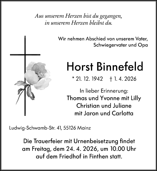 Traueranzeige von Horst Binnefeld von Allgemeine Zeitung Mainz