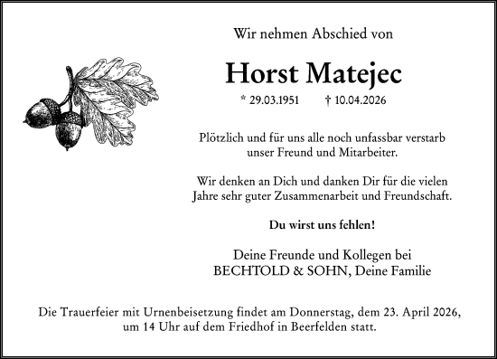 Traueranzeige von Horst Matejec von Odenwälder Echo