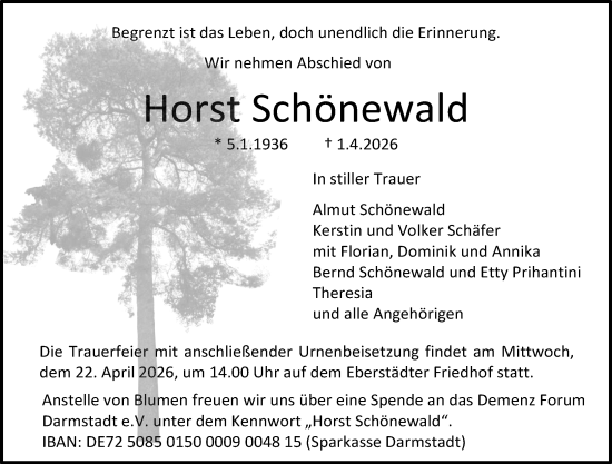 Traueranzeige von Horst Schönewald von Darmstädter Echo
