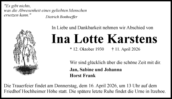 Traueranzeige von Ina Lotte Karstens von Wormser Zeitung
