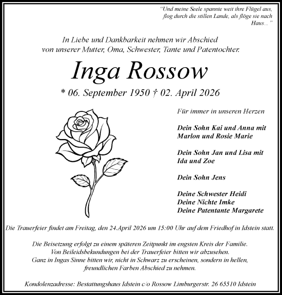 Traueranzeige von Inga Rossow von Idsteiner Land/Untertaunus