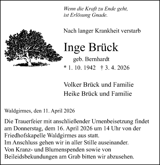 Traueranzeige von Inge Brück von Wetzlarer Neue Zeitung