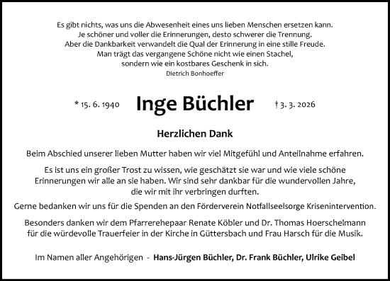 Traueranzeige von Inge Büchler von Odenwälder Echo