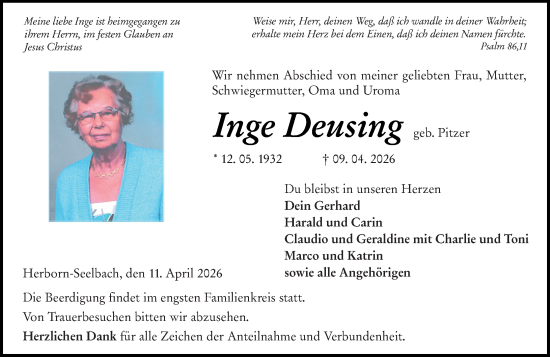 Traueranzeige von Inge Deusing von Dill Block