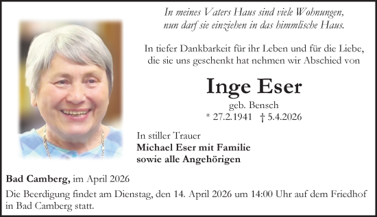 Traueranzeige von Inge Eser von Camberger Anzeiger