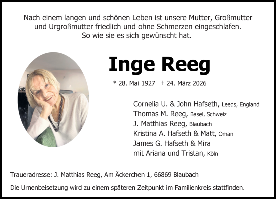 Traueranzeige von Inge Reeg von Allgemeine Zeitung Mainz