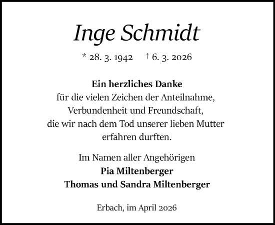 Traueranzeige von Inge Schmidt von Odenwälder Echo