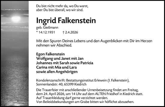 Traueranzeige von Ingrid Falkenstein von Rheingau Kurier