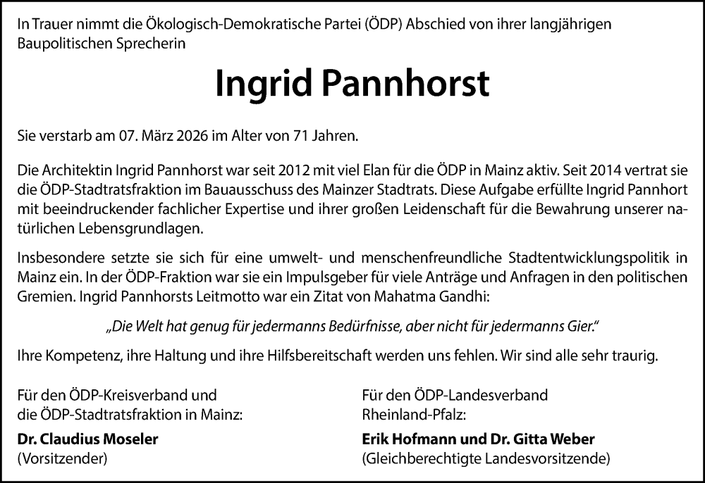  Traueranzeige für Ingrid Pannhorst vom 04.04.2026 aus Allgemeine Zeitung Mainz