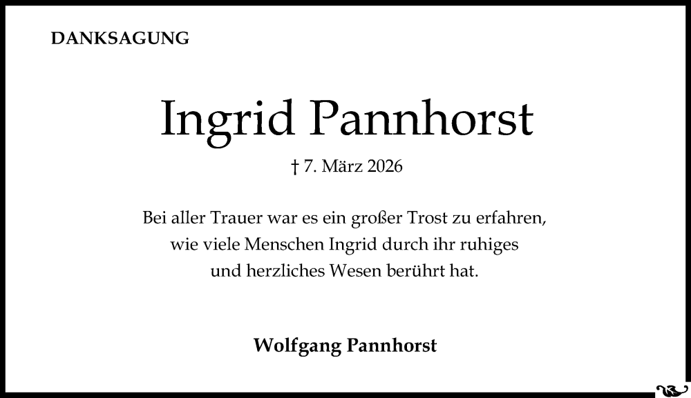  Traueranzeige für Ingrid Pannhorst vom 18.04.2026 aus Allgemeine Zeitung Mainz