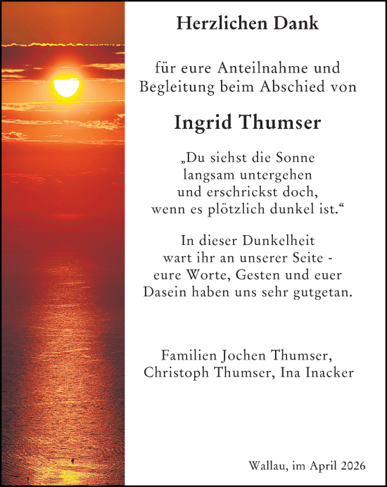 Traueranzeige von Ingrid Thumser von Hinterländer Anzeiger