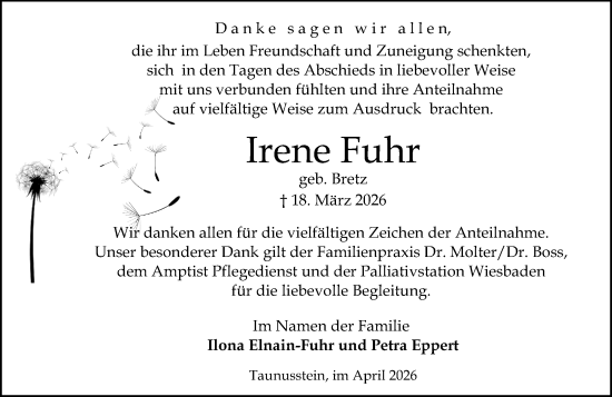 Traueranzeige von Irene Fuhr von Rheingau-Taunus-Kreis Wochenblatt