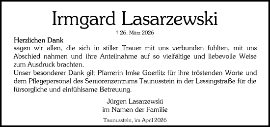 Traueranzeige von Irmgard Lasarzewski von Rheingau-Taunus-Kreis Wochenblatt