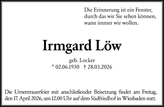 Traueranzeige von Irmgard Löw von Wiesbadener Kurier