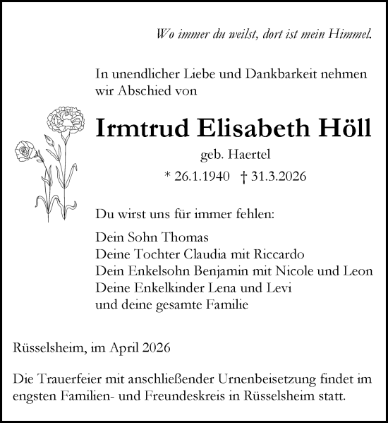 Traueranzeige von Irmtrud Elisabeth Höll von Rüsselsheimer Echo