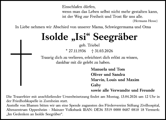 Traueranzeige von Isolde Seegräber von Allgemeine Zeitung Mainz