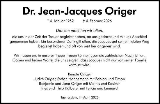 Traueranzeige von Jean-Jacques Origer von Rheingau-Taunus-Kreis Wochenblatt