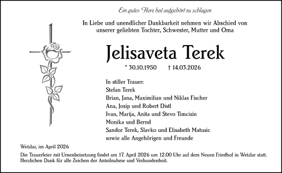 Traueranzeige von Jelisaveta Terek von Wetzlarer Neue Zeitung