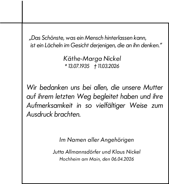 Traueranzeige von Käthe-Marga Nickel von Hochheimer Zeitung