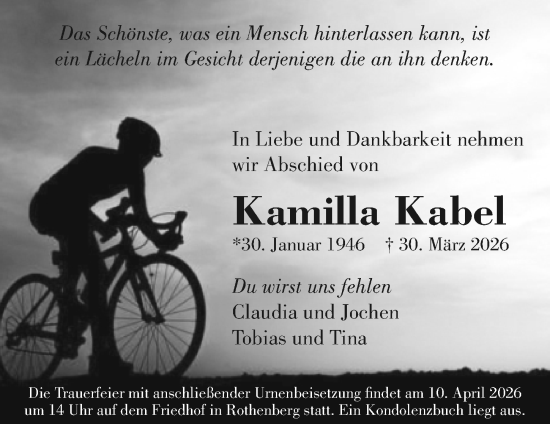 Traueranzeige von Kamilla Kabel von Odenwälder Echo