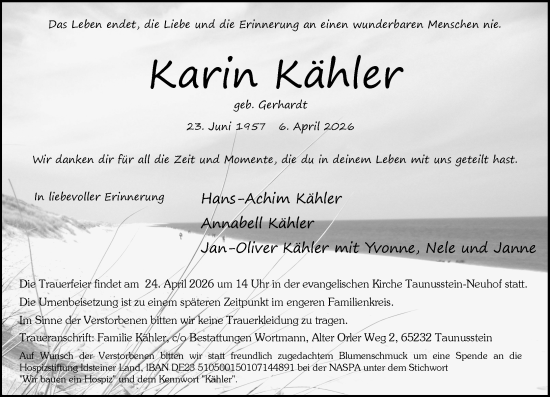 Traueranzeige von Karin Kähler von Rheingau-Taunus-Kreis Wochenblatt