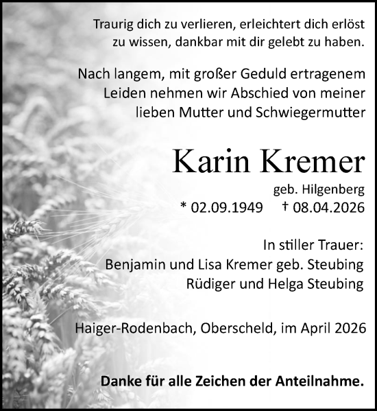 Traueranzeige von Karin Kremer von Dill Block