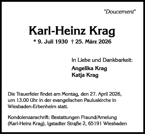 Traueranzeige von Karl-Heinz Krag von Wiesbadener Kurier