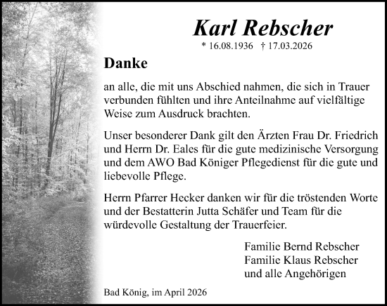Traueranzeige von Karl Rebscher von Odenwälder Echo