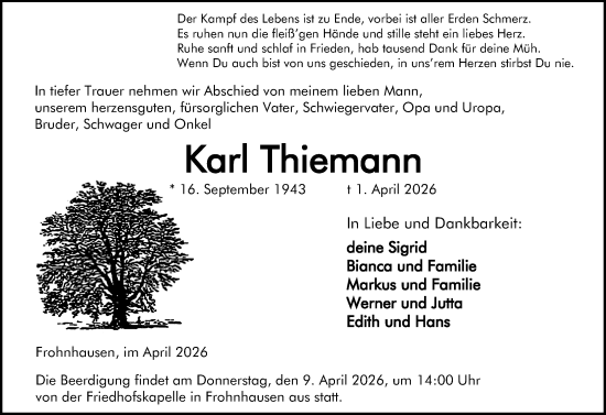Traueranzeige von Karl Thiemann von Dill Block