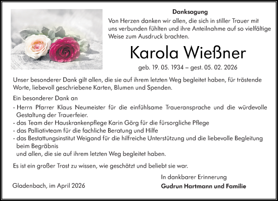 Traueranzeige von Karola Wießner von Hinterländer Anzeiger
